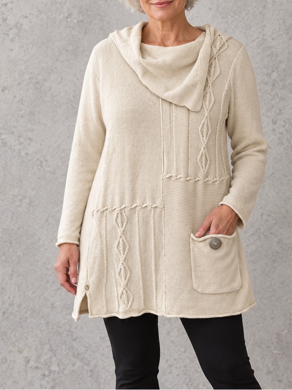 Pure Knits Large Cotton Cable Knit Cowl Neck Tunic